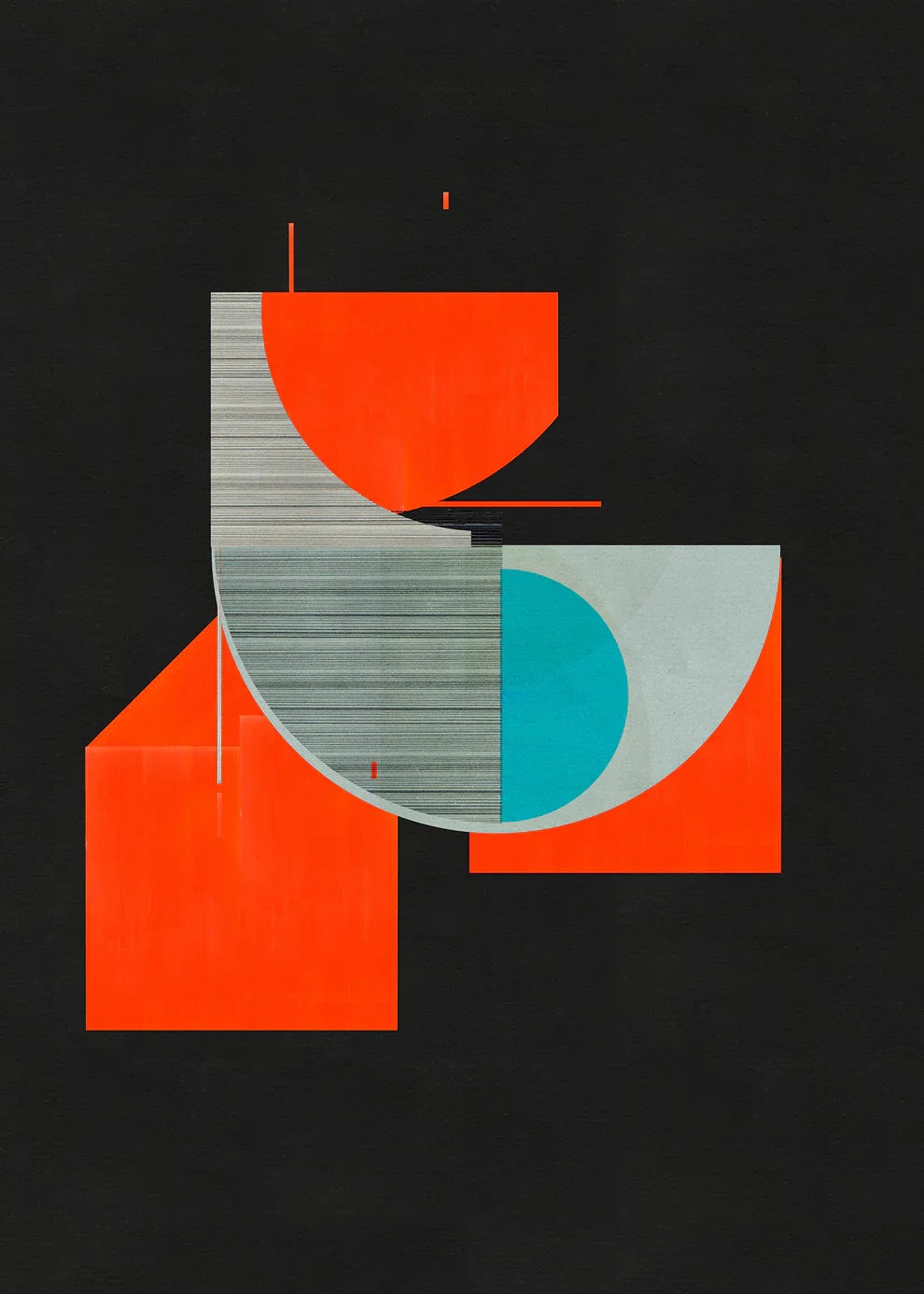 Abstract geometric print 962 by Jesús Perea, with orange, gray, and blue shapes on a black background