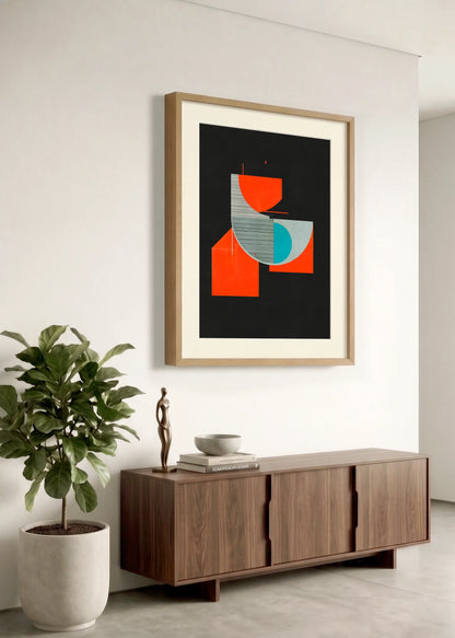 Framed geometric abstract print 962 by Jesús Perea hanging on a white wall in a modern, minimalist living room