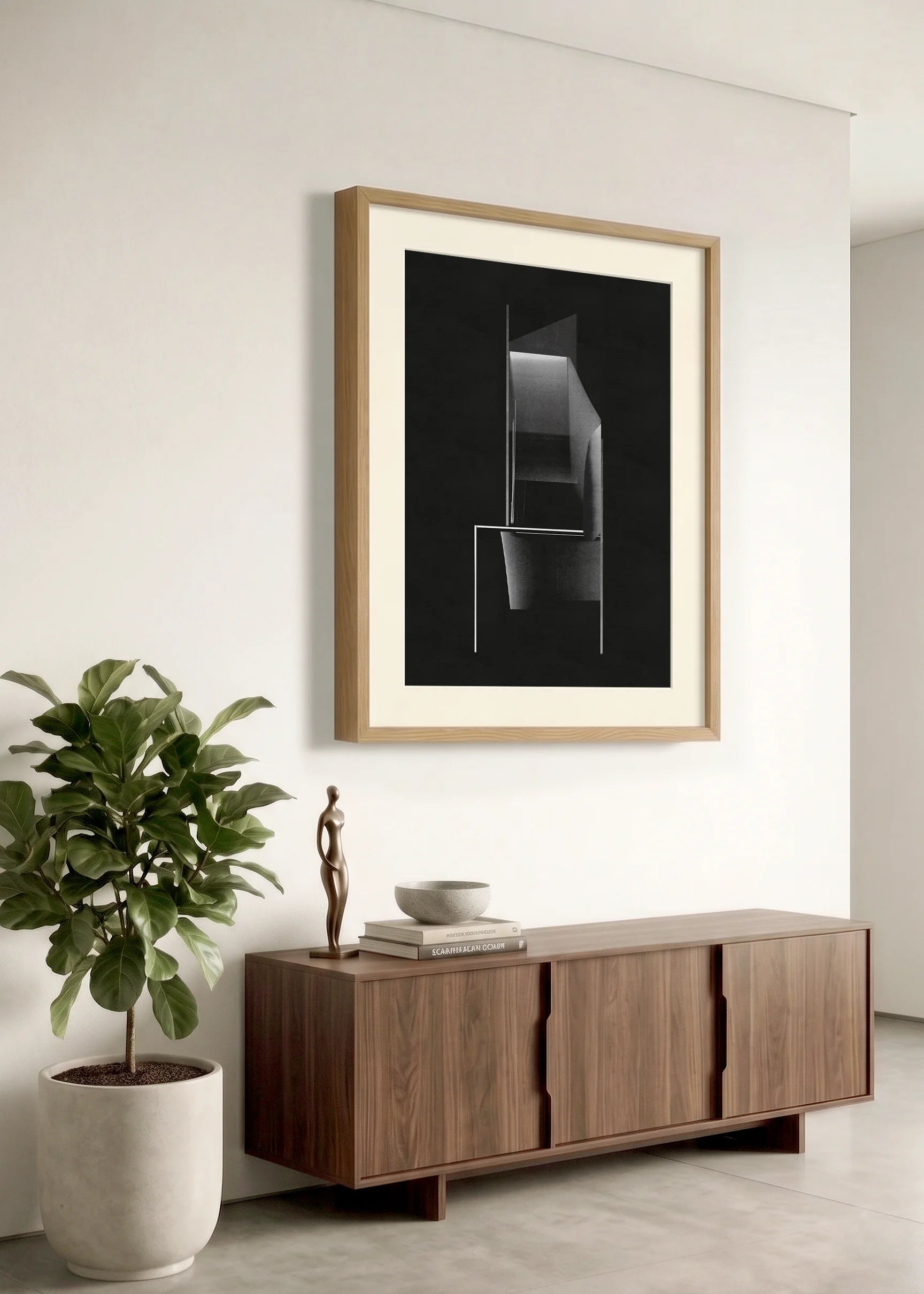 Framed geometric abstract print 971 by Jesús Perea hanging on a white wall in a modern, minimalist living room