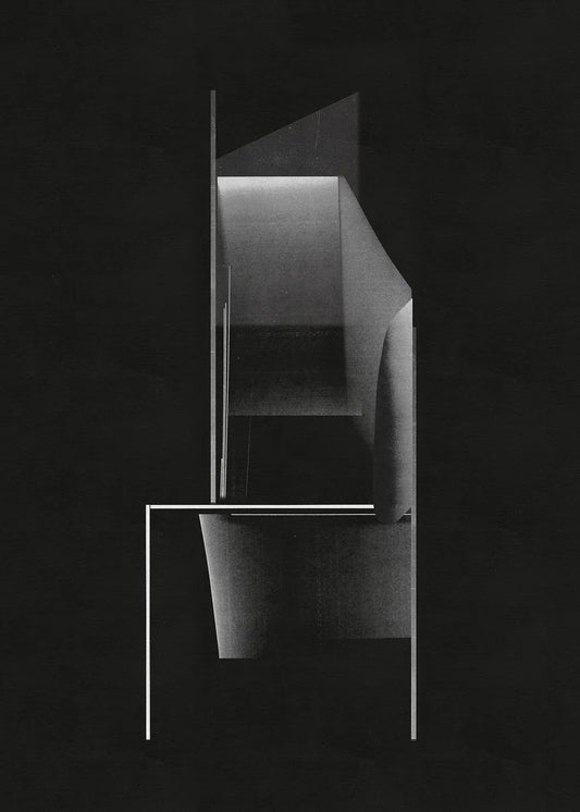 Minimalist geometric art print 971 by Jesús Perea, featuring an architectural composition of overlapping charcoal grey planes, fine white lines, and atmospheric gradients creating a 3D structural illusion on a textured deep black background.