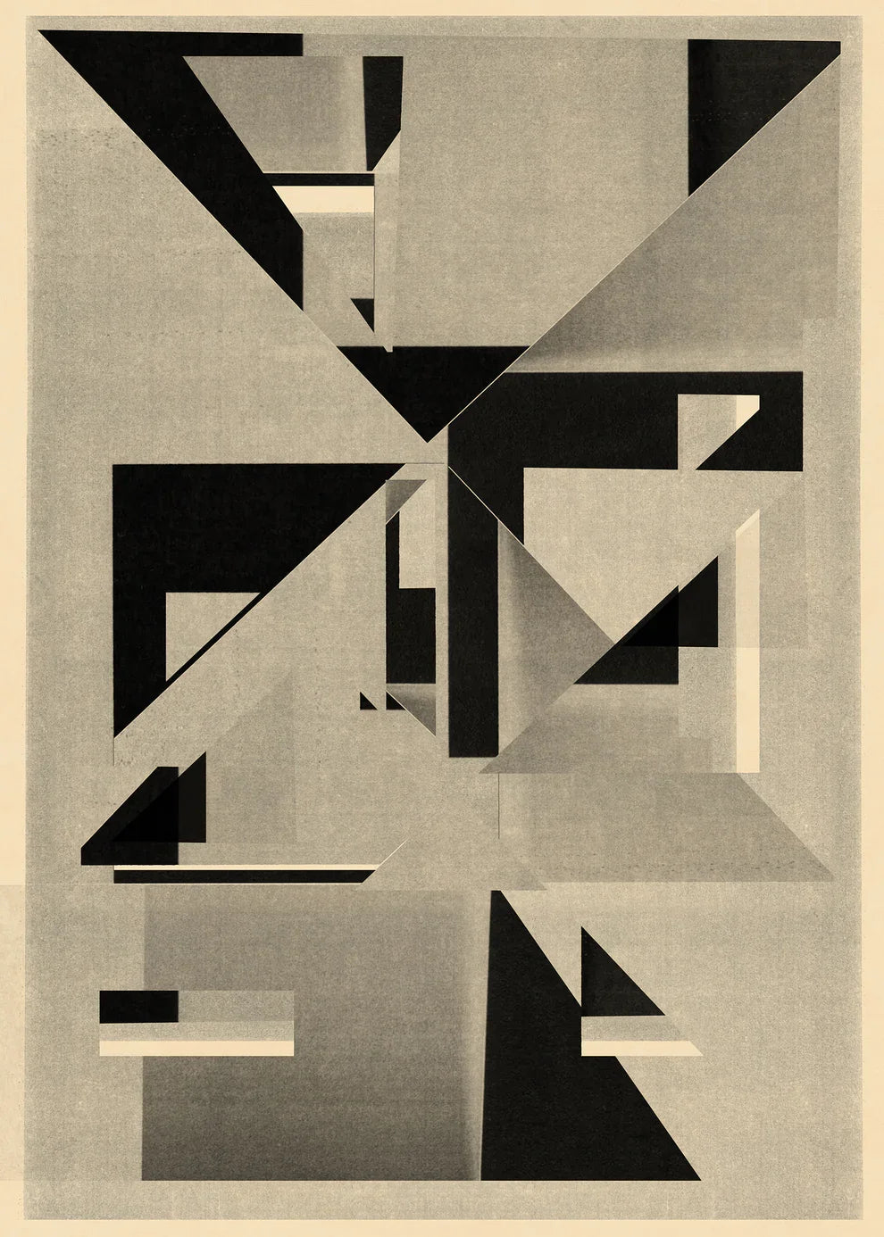 Geometric abstract print  991 by Jesús Perea with interlocking geometric shapes, sharp diagonals, and subtle gradients on a textured background.