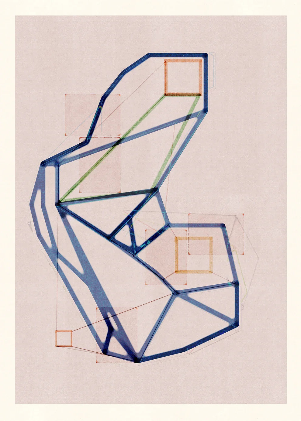 Minimalist geometric art print M105 by Jesús Perea, featuring an intricate, overlapping blue wireframe structure interlaced with translucent orange squares and fine green lines on a textured dusty pink background.