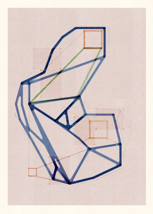 Minimalist geometric art print M105 by Jesús Perea, featuring an intricate, overlapping blue wireframe structure interlaced with translucent orange squares and fine green lines on a textured dusty pink background.