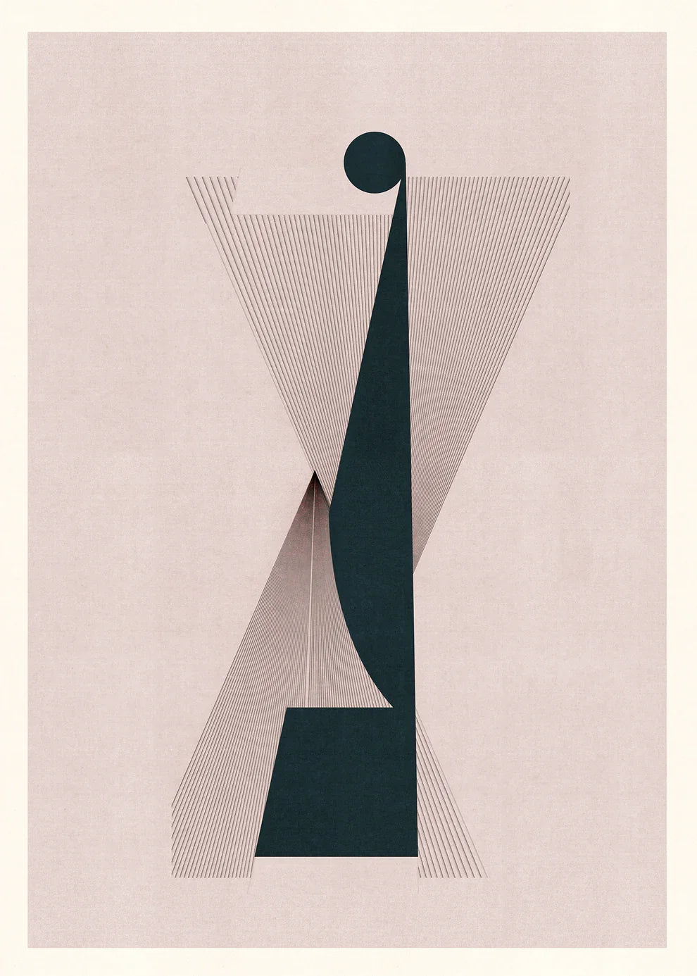 Minimalist geometric art print M109 by Jesús Perea, featuring a stylized dark green abstract figure with a circular head, surrounded by fine radiating lines that create a 3D optical effect on a textured dusty pink background.