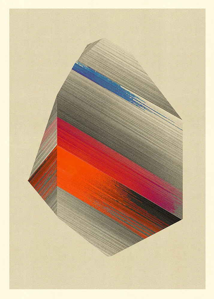  minimalist abstract print M167 by Jesús Perea. Crystalline geometric monolithic structure with fine diagonal linework, featuring vibrant orange, red, and blue accent bands on a cream background.