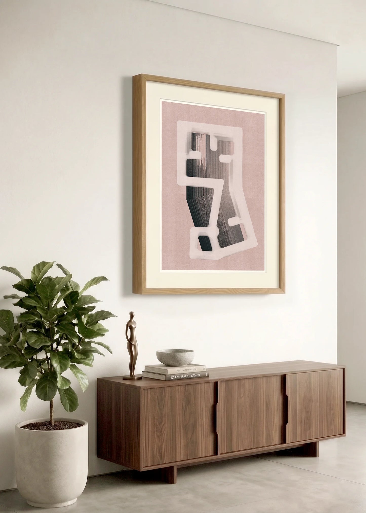 Framed geometric abstract printm175 by Jesús Perea hanging on a white wall in a modern, minimalist living room.