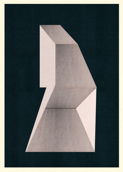Jesús Perea minimalist abstract print M198. Geometric artwork with progressive linework, sharp stepped angles, and a vertical structure on a dark textured background.