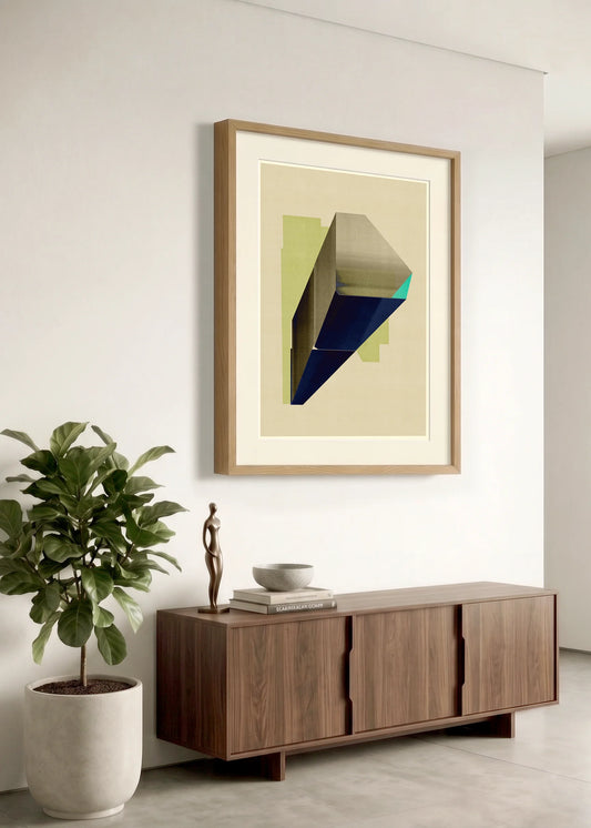 Framed geometric abstract print m202 by Jesús Perea hanging on a white wall in a modern, minimalist living room