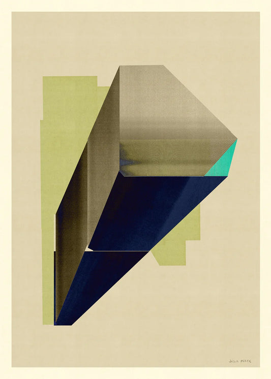 Geometric abstract print m202 by Jesús Perea. An artwork with sharp perspectives, volumetric structures, ultra-fine lines, and a turquoise accent on a warm beige background.