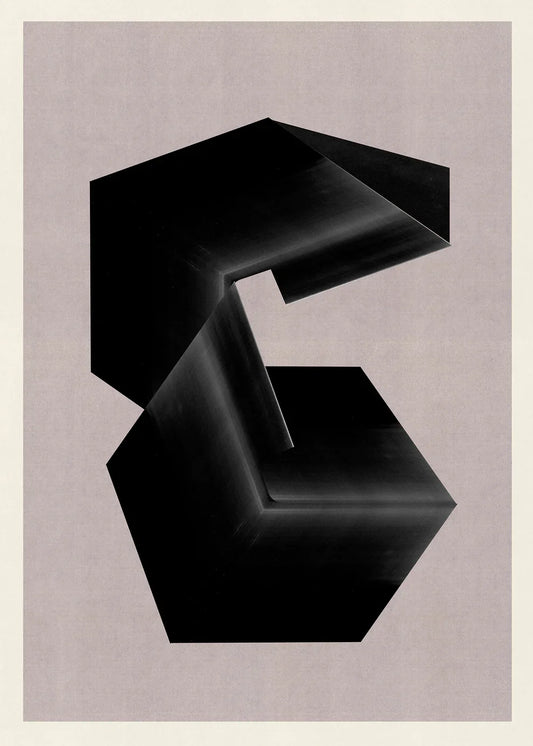 Geometric abstract print M217 by Jesús Perea. Geometric artwork with sharp angles, subtle gradients, and deep black monolithic structures on a light grey textured background.