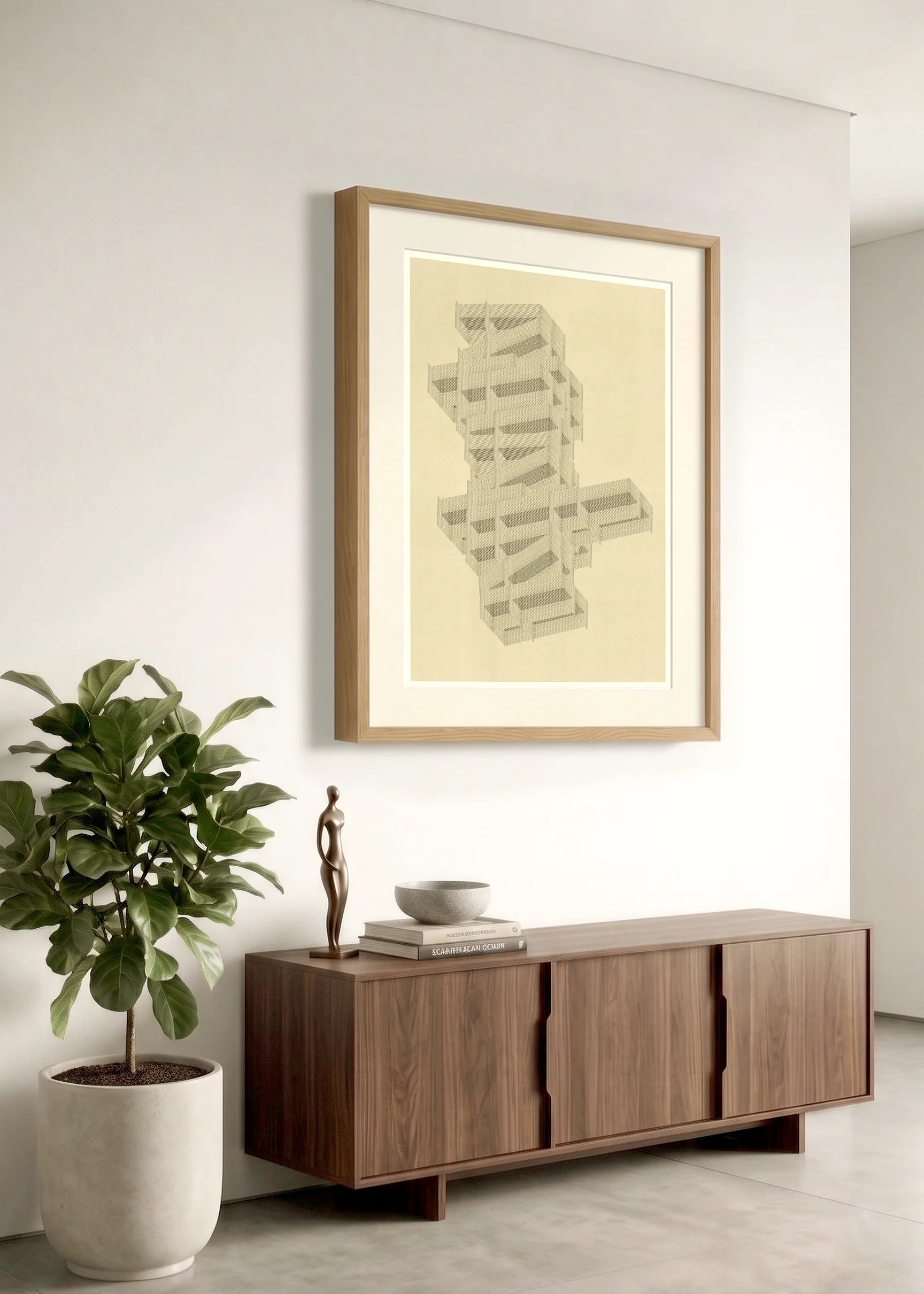 Framed linear abstract artwork M222 by Jesús Perea hanging in a minimalist living room interior with contemporary furniture.