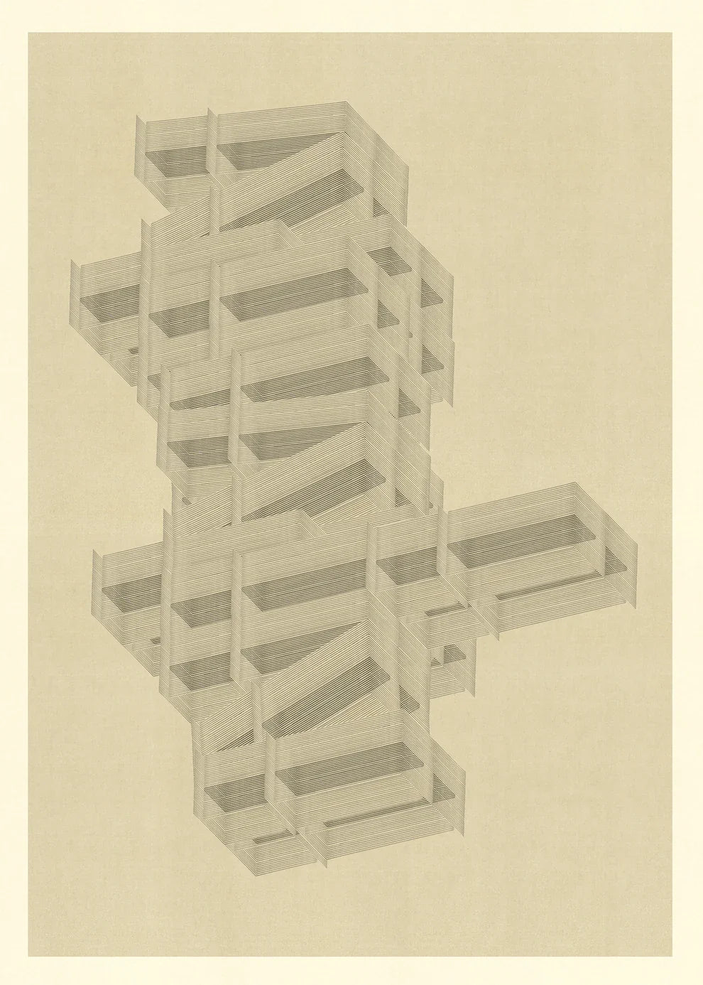 Abstract geometric print M222 by Jesús Perea, featuring an intricate isometric structure composed of fine horizontal lines on a textured, warm beige background.