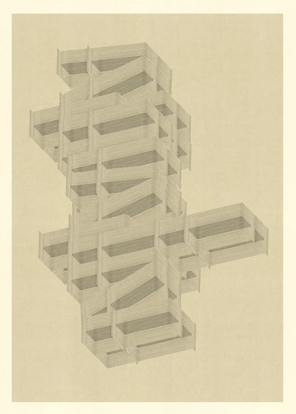 Abstract geometric print M222 by Jesús Perea, featuring an intricate isometric structure composed of fine horizontal lines on a textured, warm beige background.