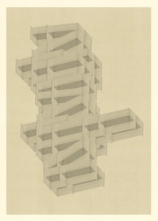 Abstract geometric print M222 by Jesús Perea, featuring an intricate isometric structure composed of fine horizontal lines on a textured, warm beige background.