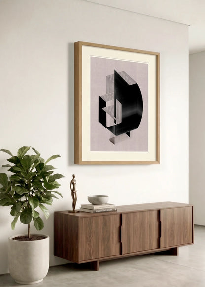 Framed geometric abstract print m223 by Jesús Perea hanging on a white wall in a modern, minimalist living room