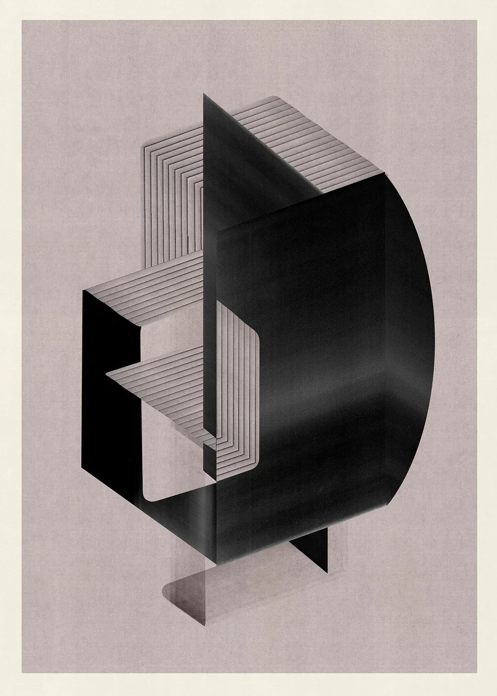 Geometric abstract print M223 by Jesús Perea. Artwork with complex architectural structures, stepped linework patterns, and deep black shapes on a light grey textured background.