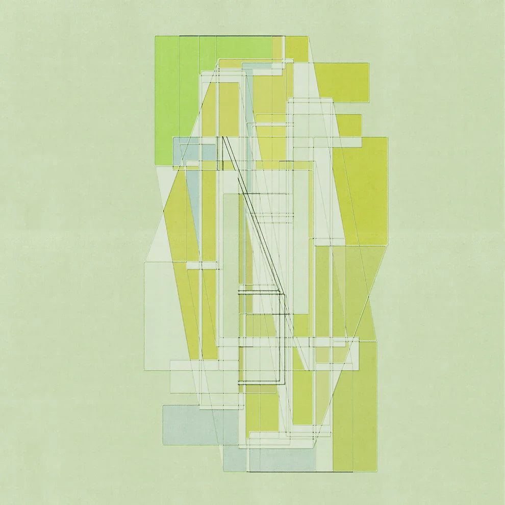 Minimalist geometric art print M47 by Jesús Perea, featuring an intricate, overlapping green wireframe structure layered with translucent lime, olive, and sage rectangular planes on a textured mint-green background.