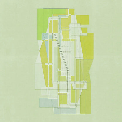 Minimalist geometric art print M47 by Jesús Perea, featuring an intricate, overlapping green wireframe structure layered with translucent lime, olive, and sage rectangular planes on a textured mint-green background.