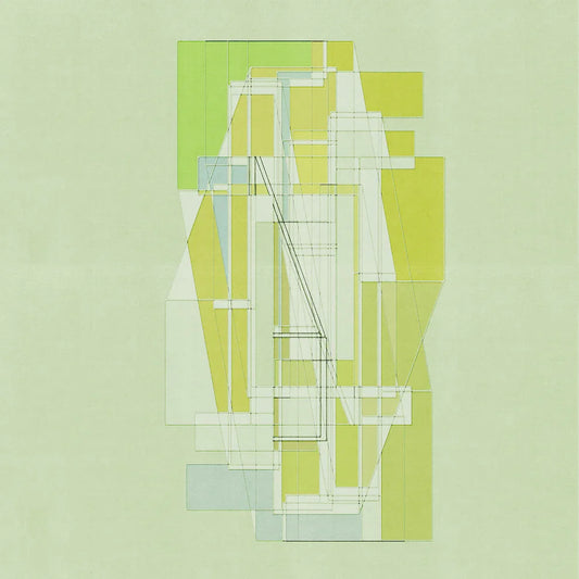 Minimalist geometric art print M47 by Jesús Perea, featuring an intricate, overlapping green wireframe structure layered with translucent lime, olive, and sage rectangular planes on a textured mint-green background.
