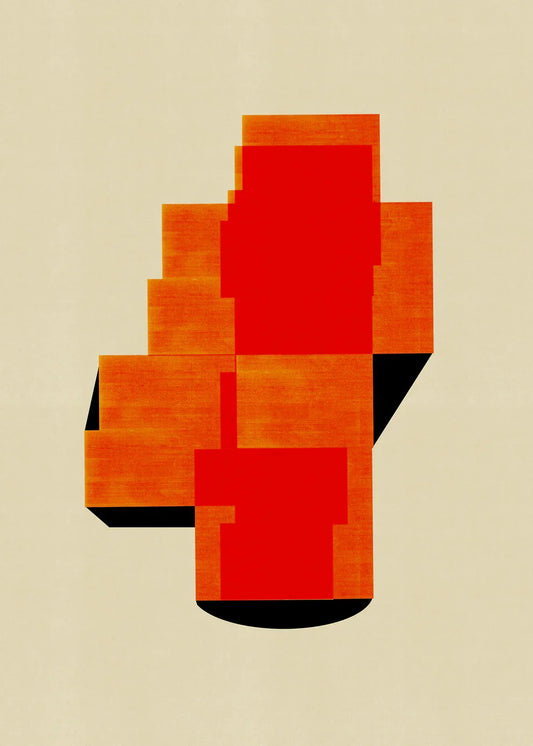 Minimalist geometric art print M68 by Jesús Perea, featuring an architectural composition of overlapping translucent orange rectangular blocks and bold red shapes with sharp black shadows on a textured cream background.