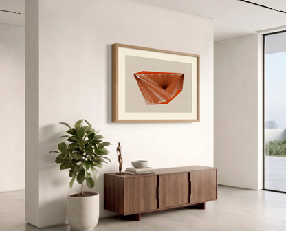 Framed geometric abstract print m83 by Jesús Perea hanging on a white wall in a modern, minimalist living room