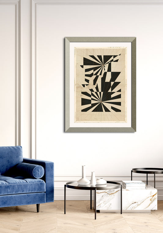 A modern living room features a blue velvet sofa, round black tables, white vases, and "Composición sobre mapa n177," a large limited edition archival ink artwork on museum-quality cotton rag paper, framed on a white wall.