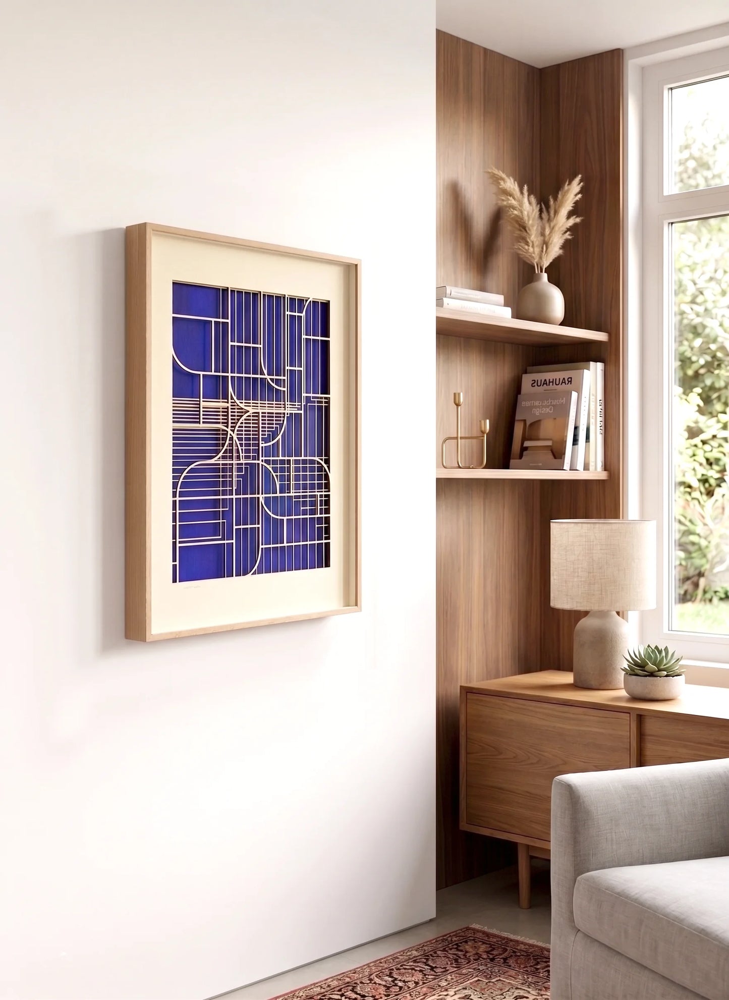 Mediterranean Window geometric artwork by Jesus Perea displayed on a white wall above a modern wooden side table with decorative interior objects.