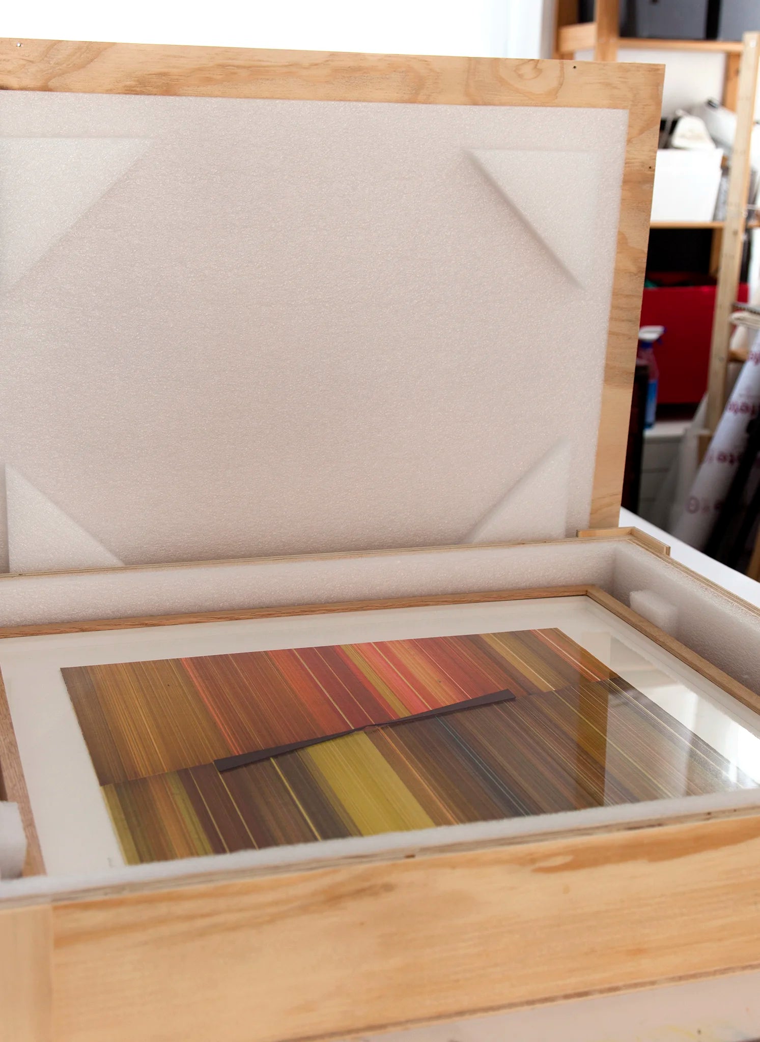 Original abstract mixed media artwork NS5 by Jesús Perea packaged into a wooden crate