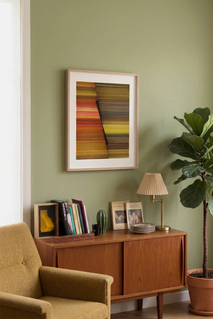 Original abstract mixed media artwork NS5 by Jesús Perea hunging on a living room wall
