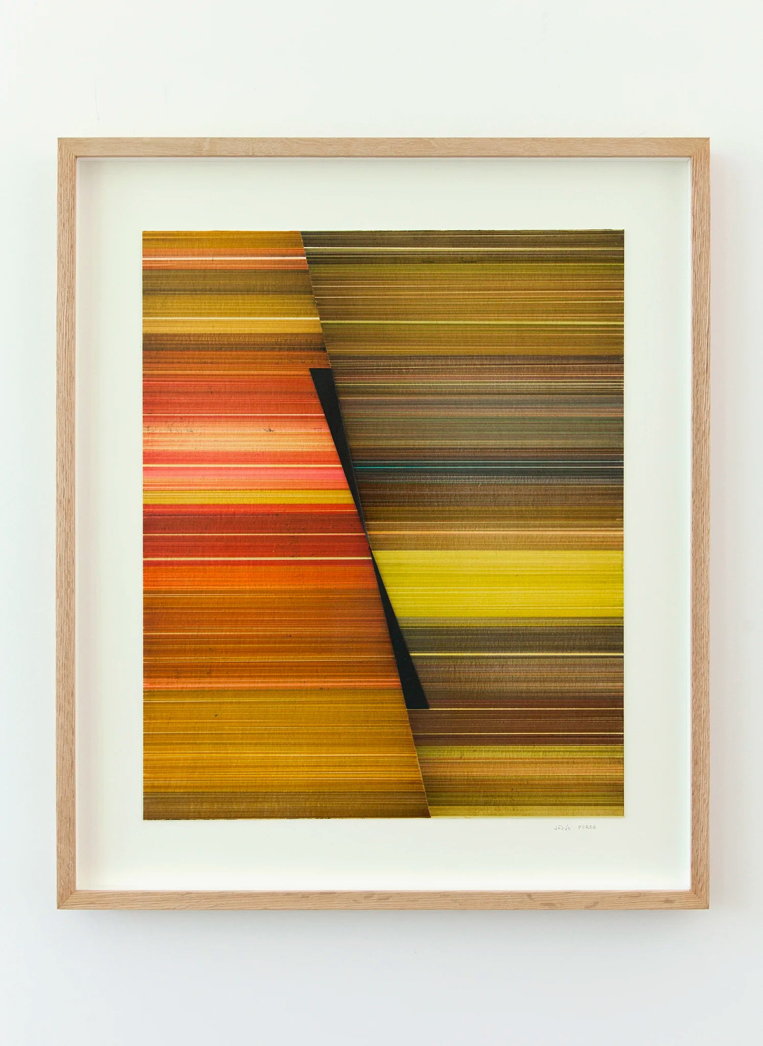 Original abstract mixed media artwork NS5 by Jesús Perea framed, with horizontal stripes in various colors on a light beige background
