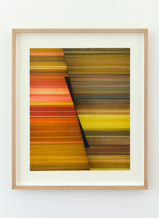 Framed abstract artwork with colorful striped design on a white background