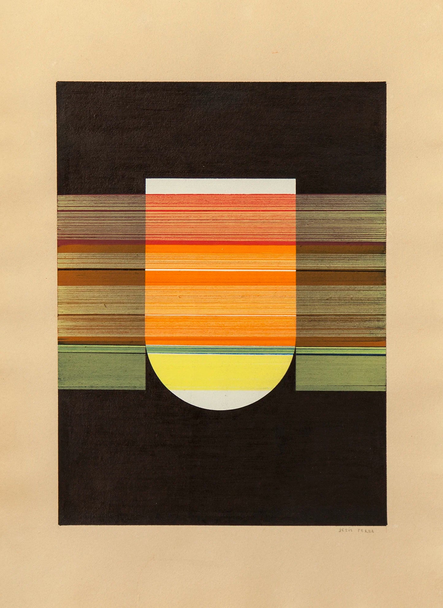 Original abstract drawing N188 by Jesús Perea with horizontal stripes in various colors on a beige background