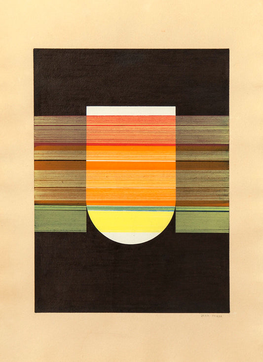 Abstract art print with horizontal stripes in various colors on a beige background