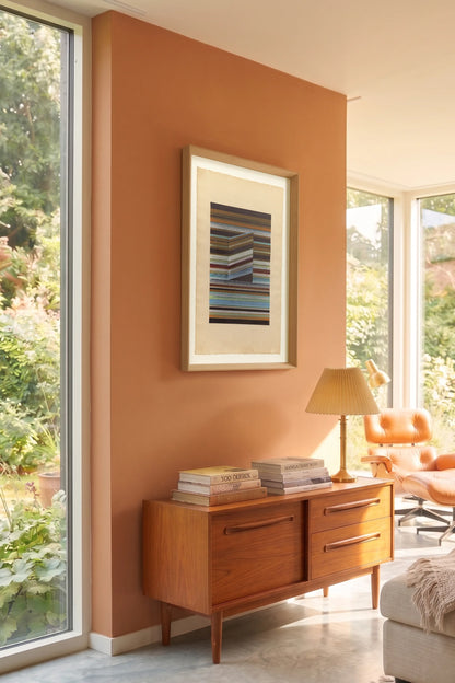 Original abstract drawing N185 by Jesús Perea framed and hanging on a living room wall