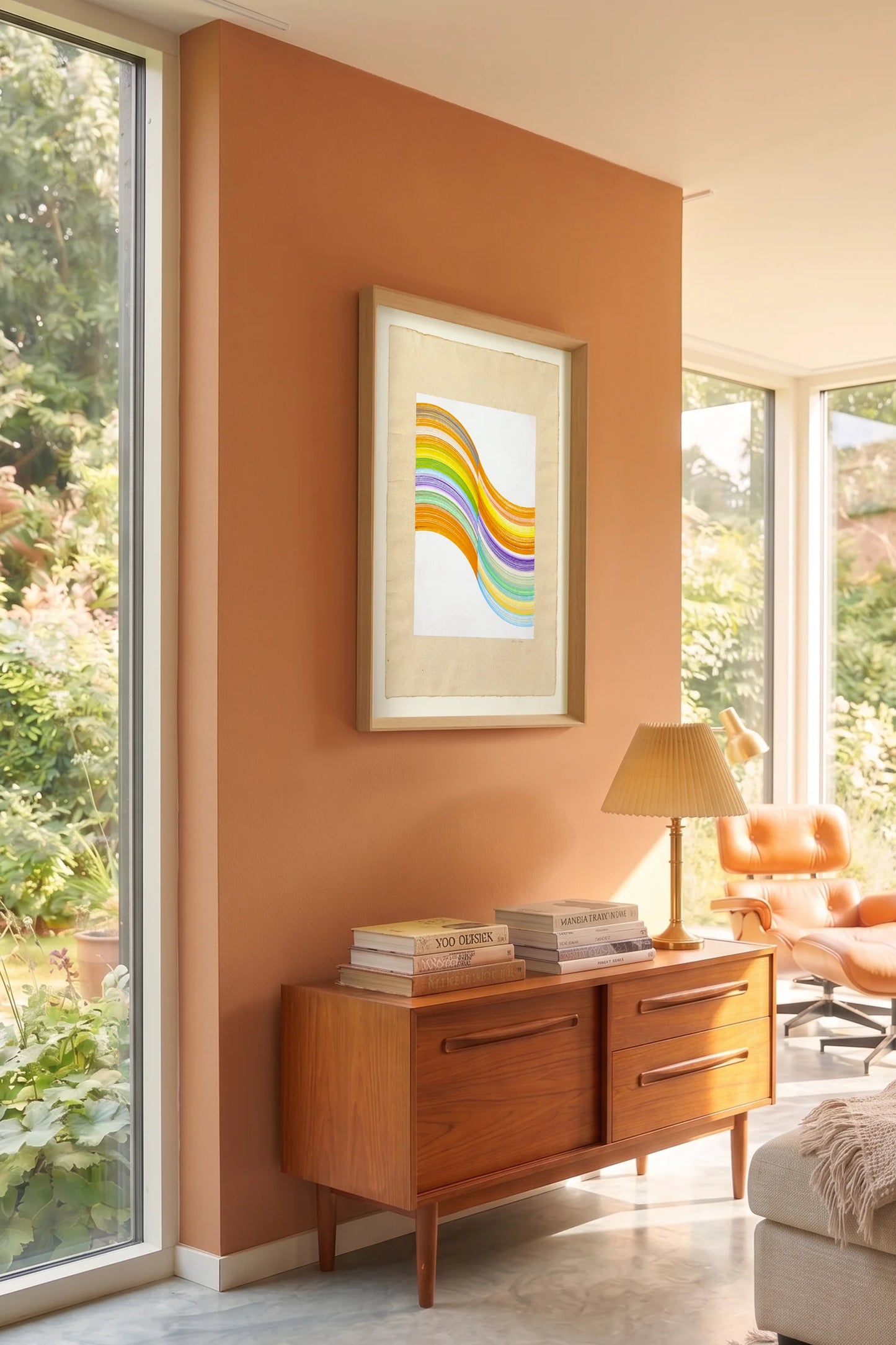 N174 original drawing by Jesús Perea, framed and hanging on a living room wall