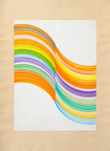 Original abstract drawing N174 by Jesús Perea with colorful composition on a beige background