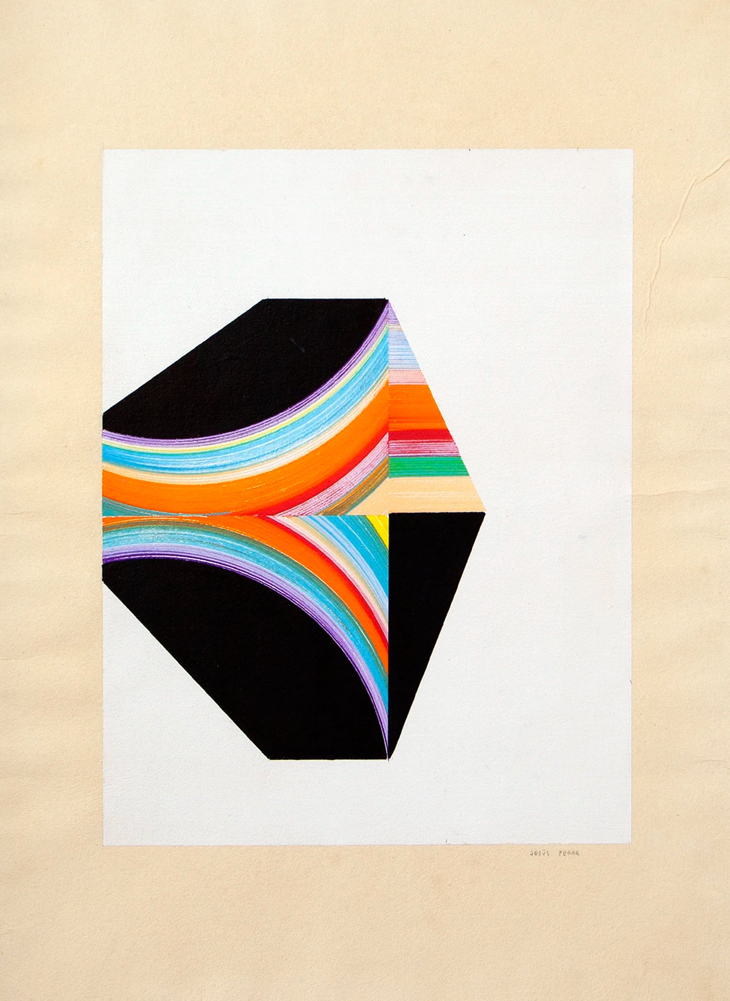 Original abstract drawing N175 by Jesús Perea with colorful composition on a beige background