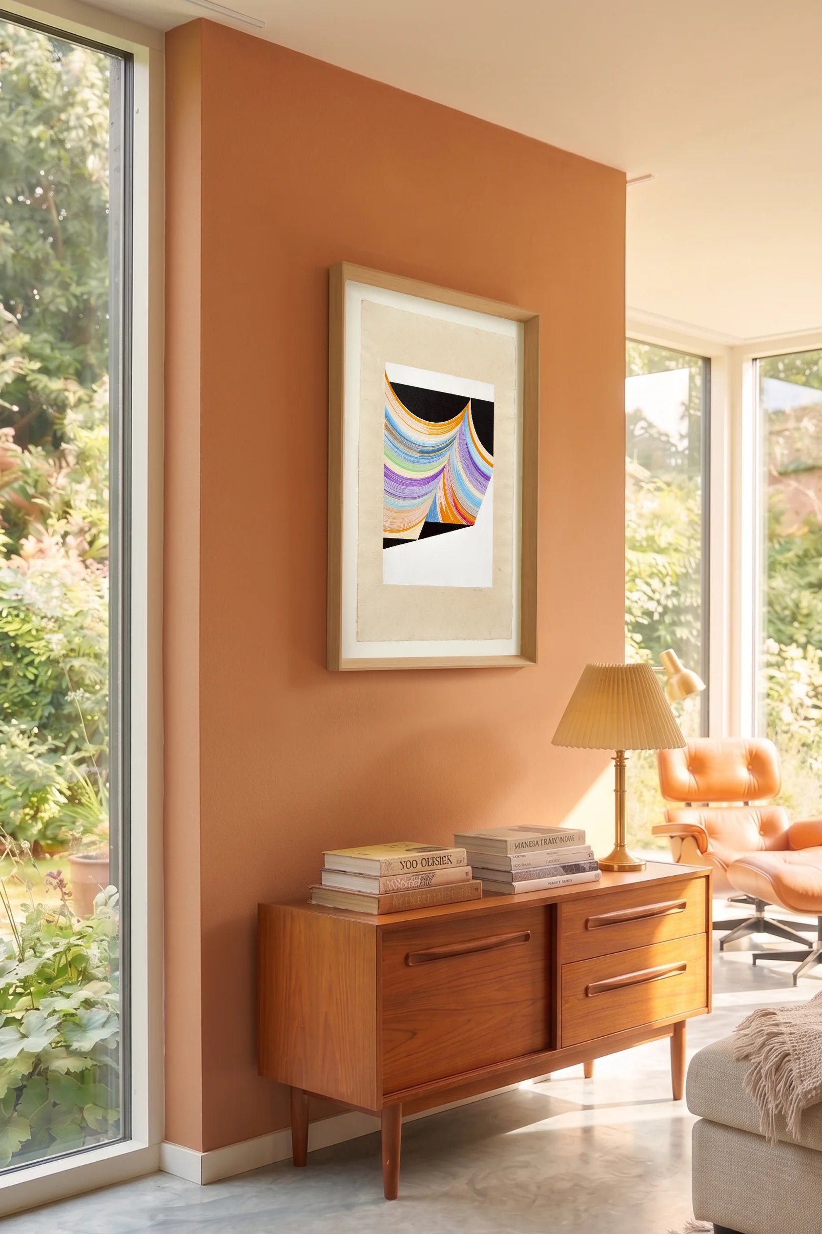 N176 original drawing by Jesús Perea, framed and hanging on a living room wall