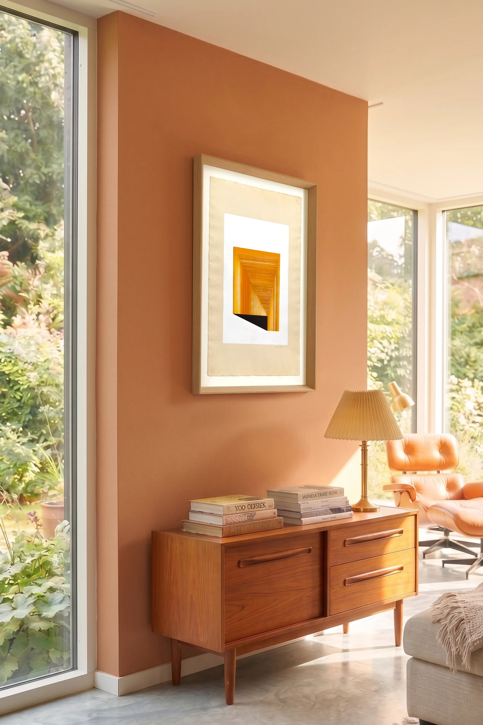 Original abstract drawing N170 by Jesús Perea framed and hanging on a living room wall
