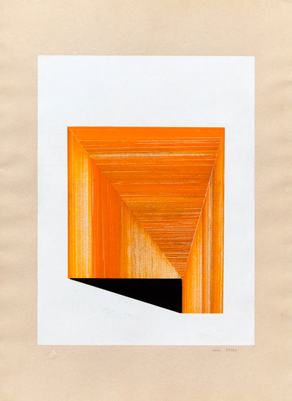 Original abstract drawing N170 by Jesús Perea with orange geometric composition on a white and beige background