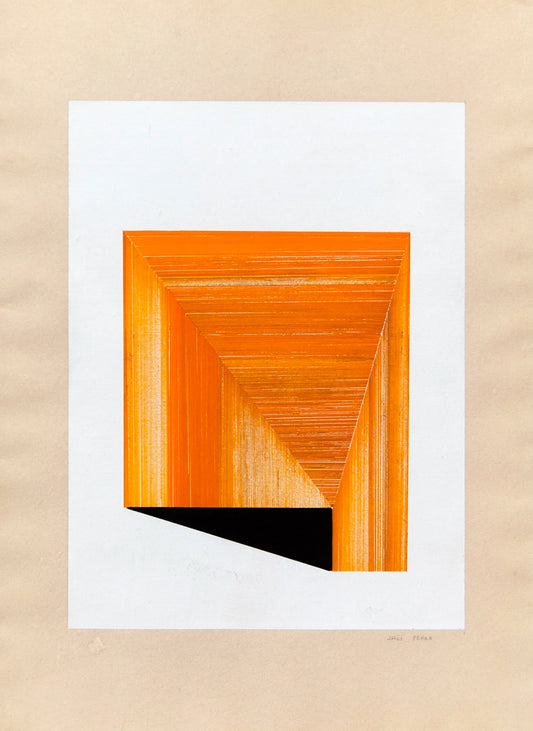 Original abstract drawing N170 by Jesús Perea with orange geometric composition on a white and beige background