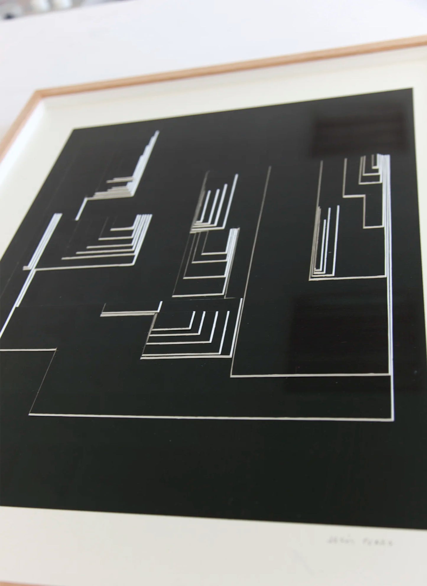 Original abstract mixed media artwork NS13 by Jesús Perea featuring a layered composition with black blackground and white lines, detail