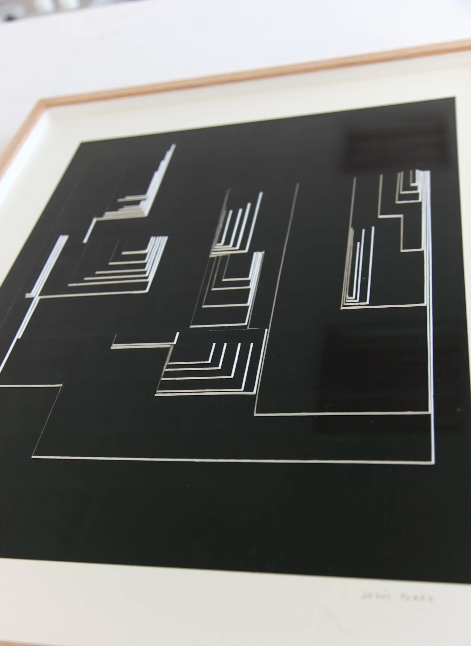 Original abstract mixed media artwork NS13 by Jesús Perea featuring a layered composition with black blackground and white lines, detail