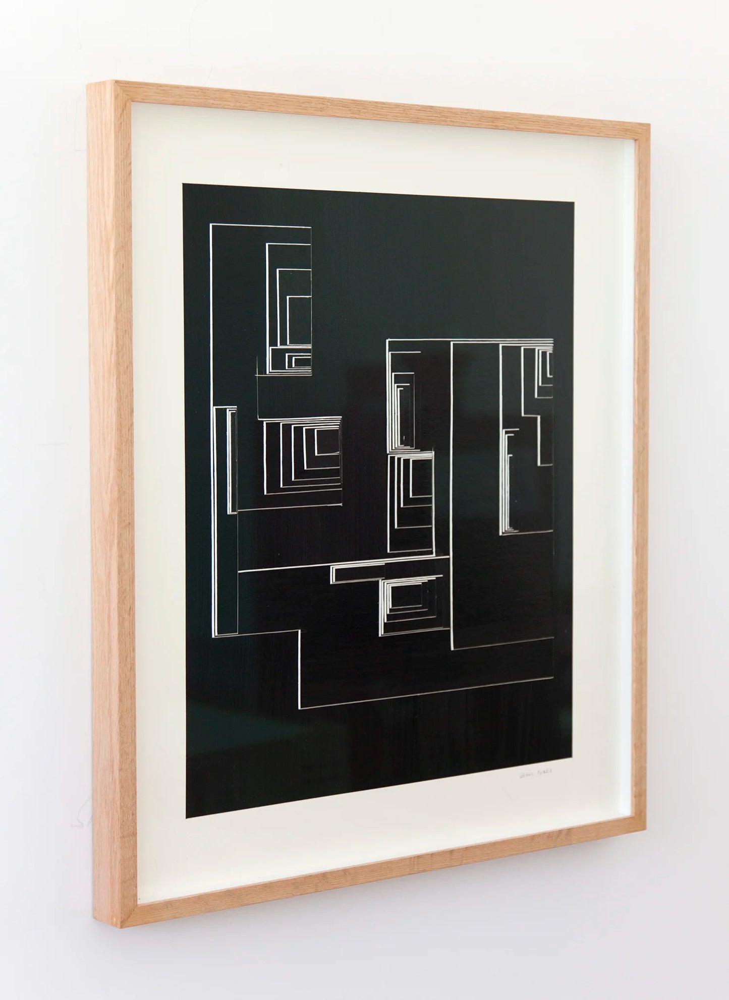 Original abstract mixed media artwork NS13 by Jesús Perea featuring a layered composition with black blackground and white lines, framed, left view
