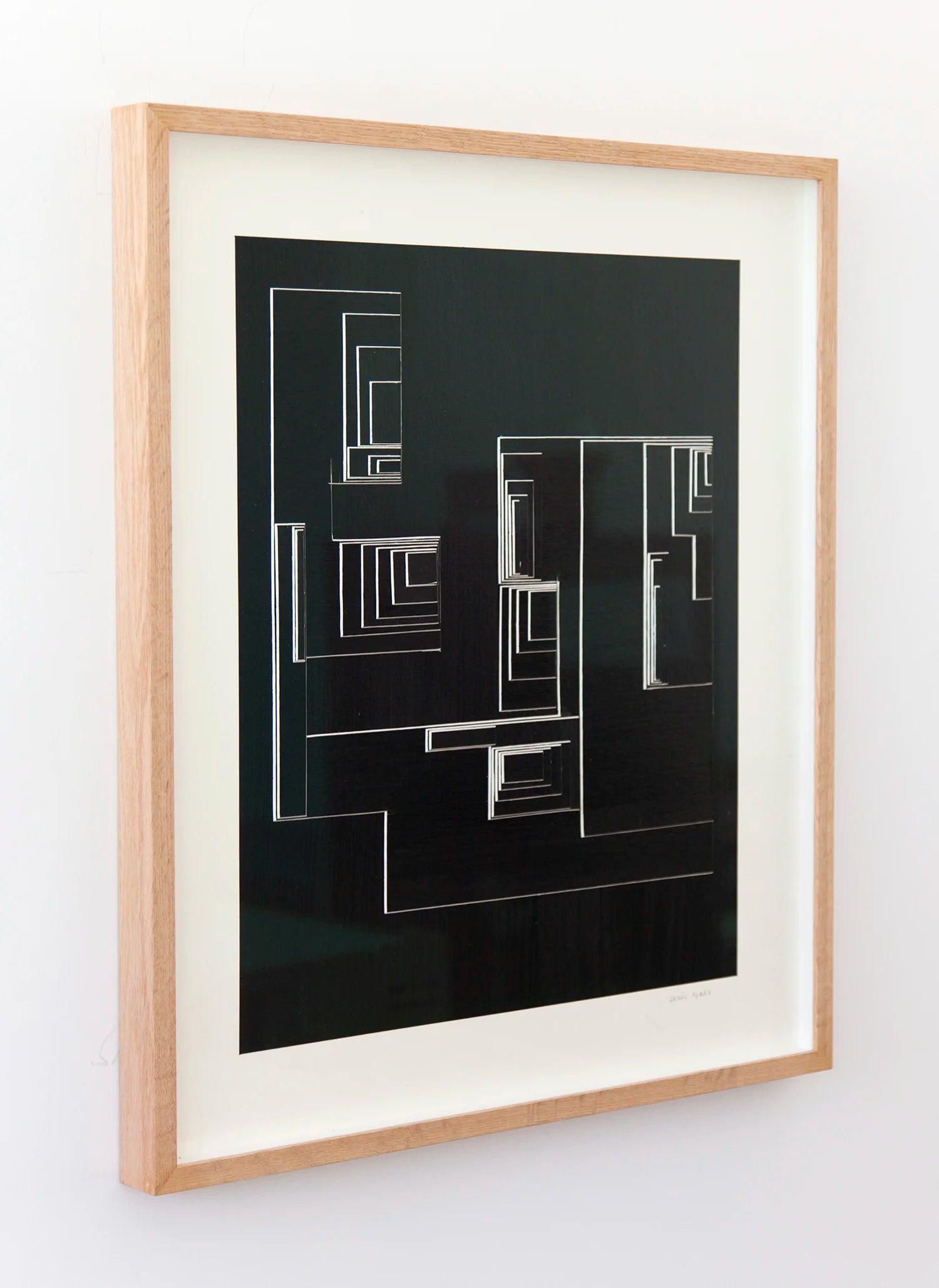 Original abstract mixed media artwork NS13 by Jesús Perea featuring a layered composition with black blackground and white lines, framed, left view