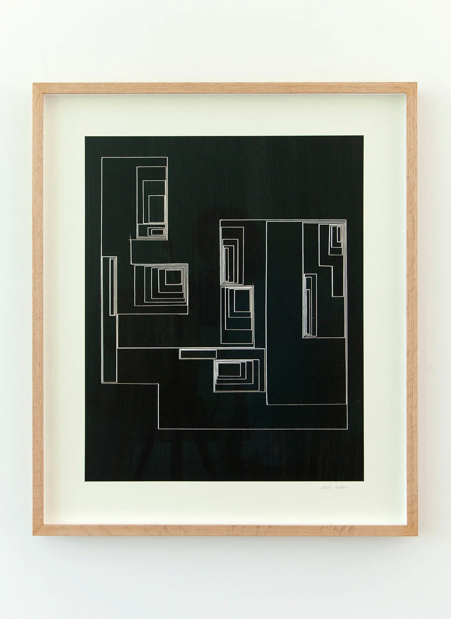 Original abstract mixed media artwork NS13 by Jesús Perea featuring a layered composition with black blackground and white lines, framed