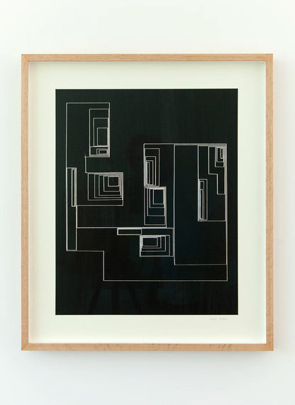 Original abstract mixed media artwork NS13 by Jesús Perea featuring a layered composition with black blackground and white lines, framed