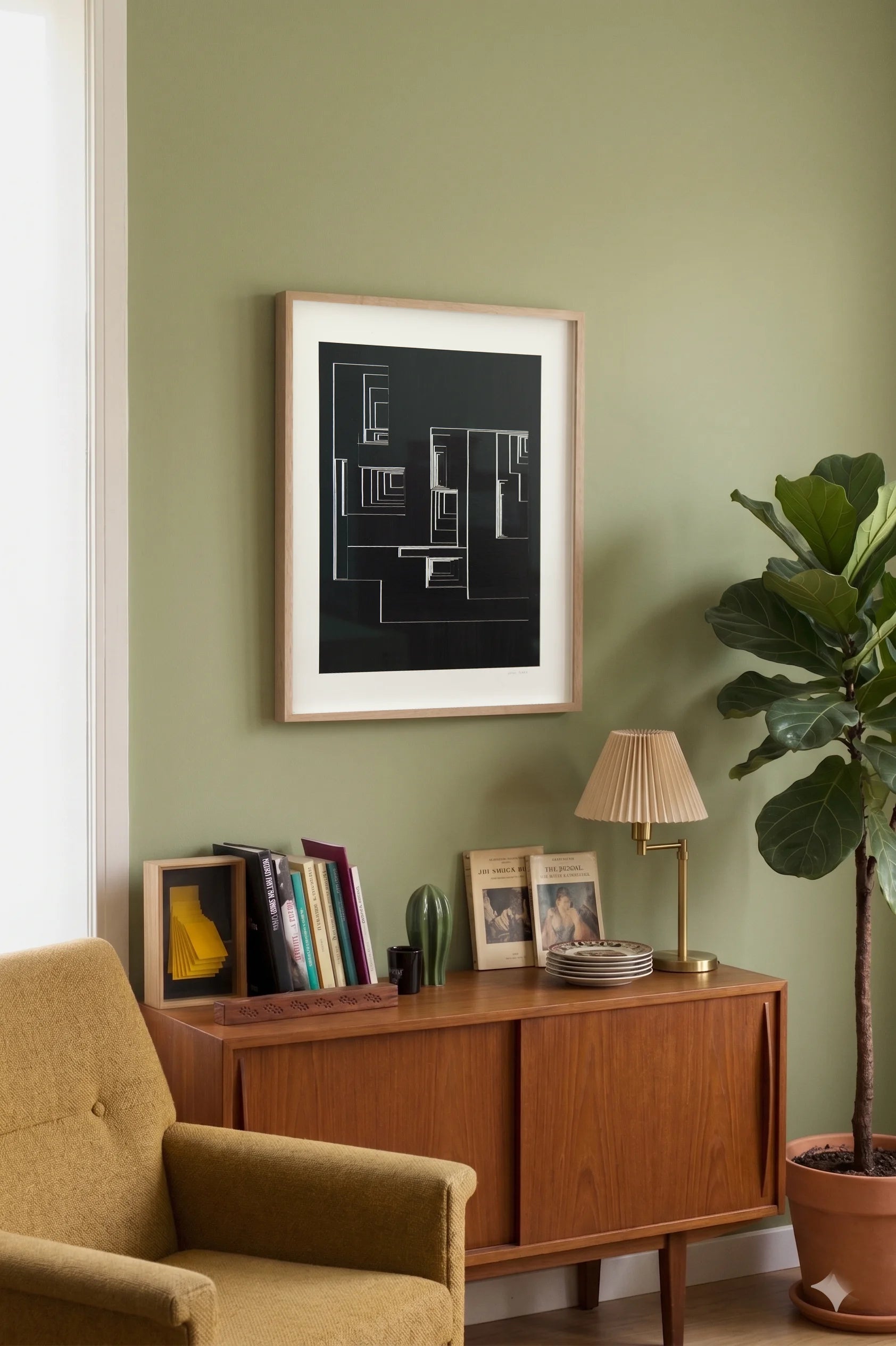 Original abstract mixed media artwork NS13 by Jesús Perea featuring a layered composition with black blackground and white lines hunging on a living room wall