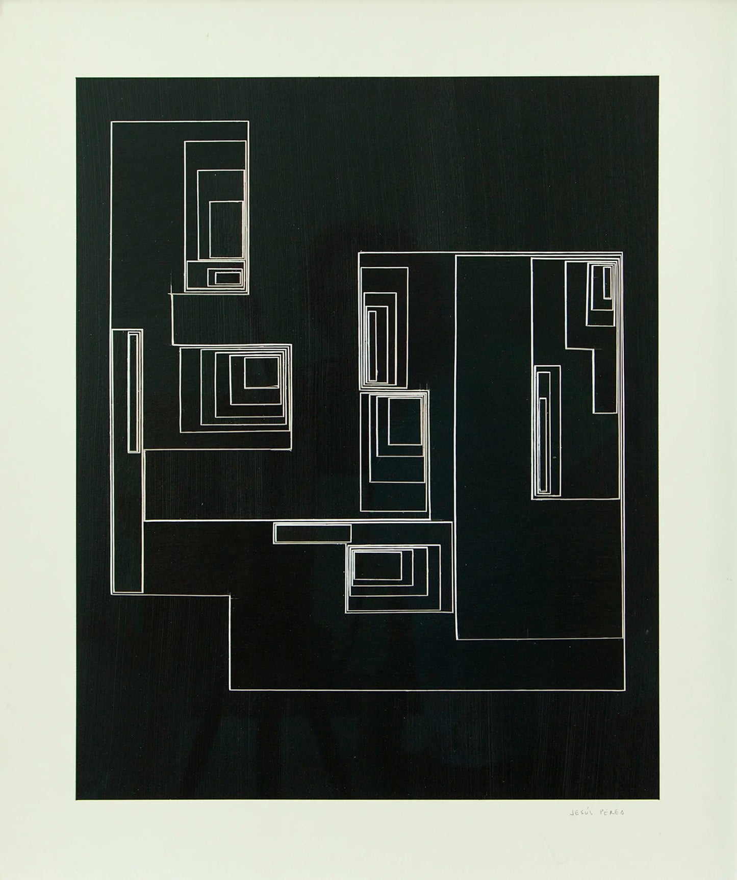 Original abstract mixed media artwork NS13 by Jesús Perea featuring a layered composition with black blackground and white lines
