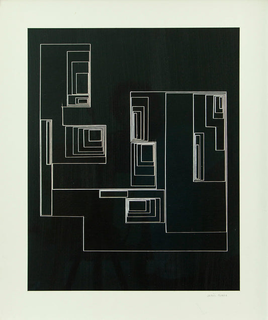 Original abstract mixed media artwork NS13 by Jesús Perea featuring a layered composition with black blackground and white lines